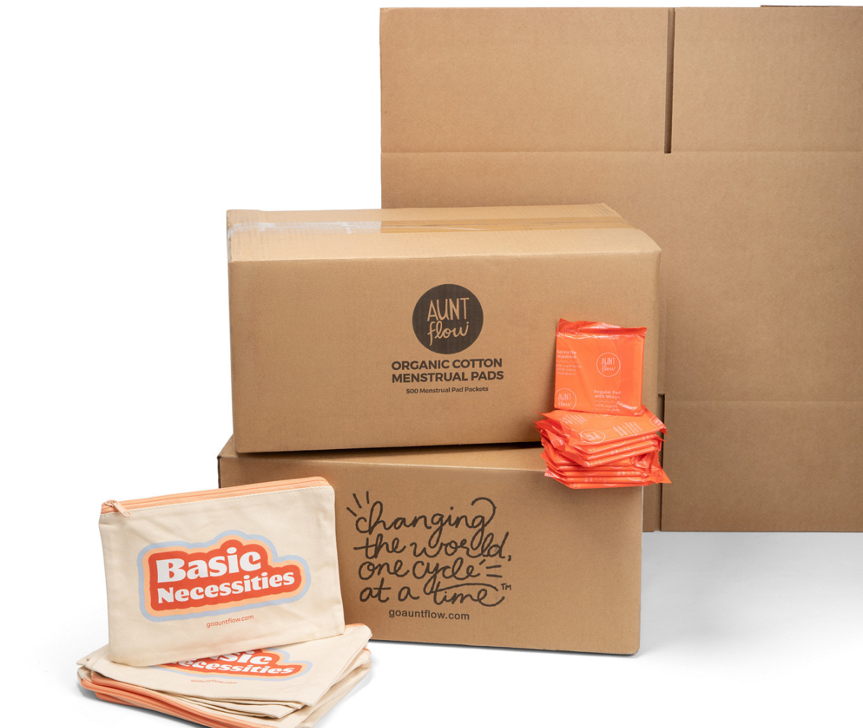 Cardboard boxes with 'Aunt Flow' and 'Basic Necessities' branding on a white background